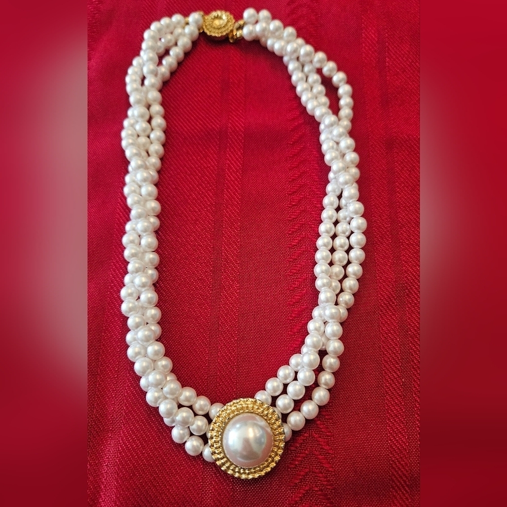 Triple Strand Pearl Necklace with Central Ornament